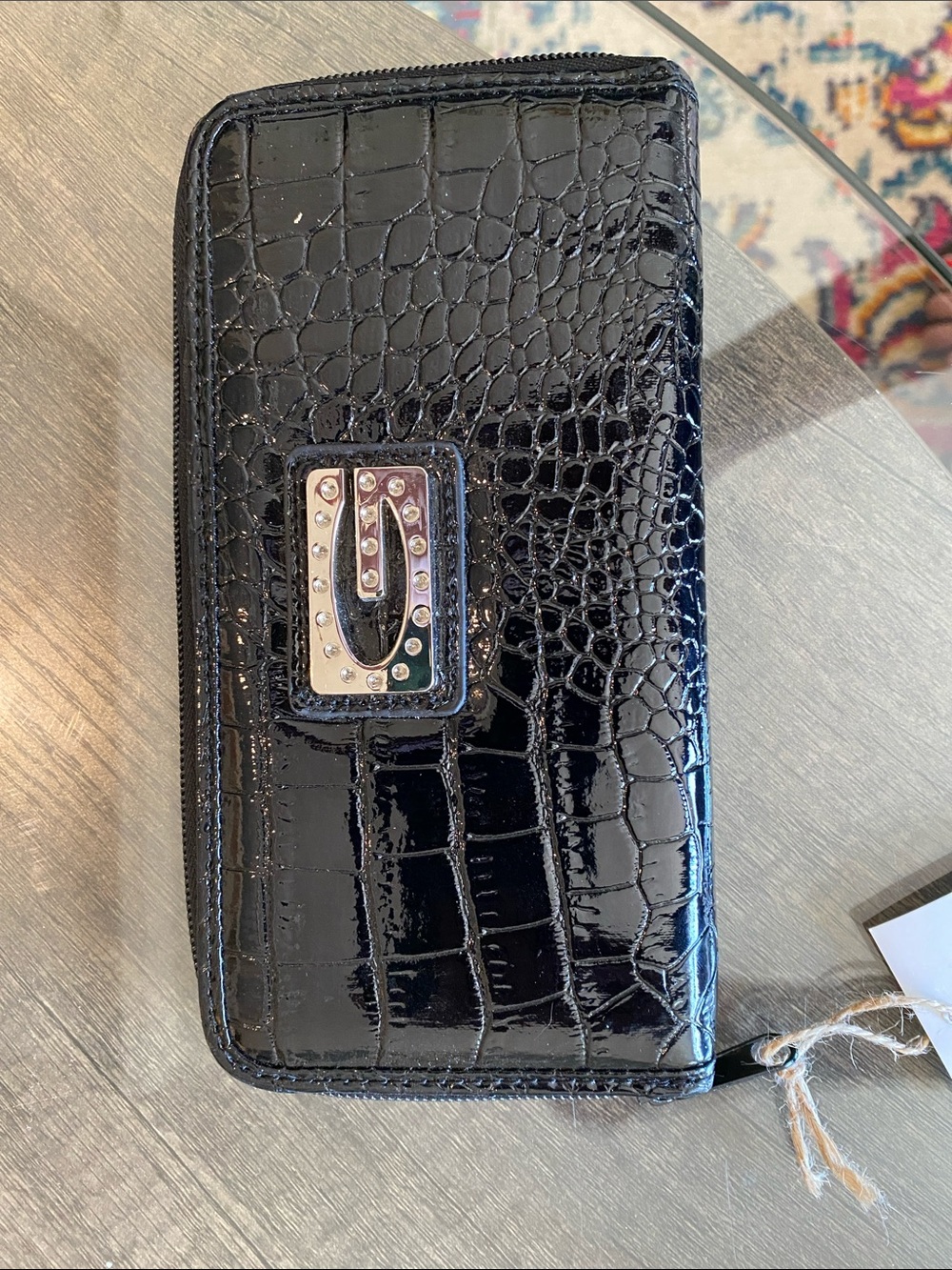 Guess Black Patent Croc Zip-Around Wallet with Crystal Logo Plate NWOT